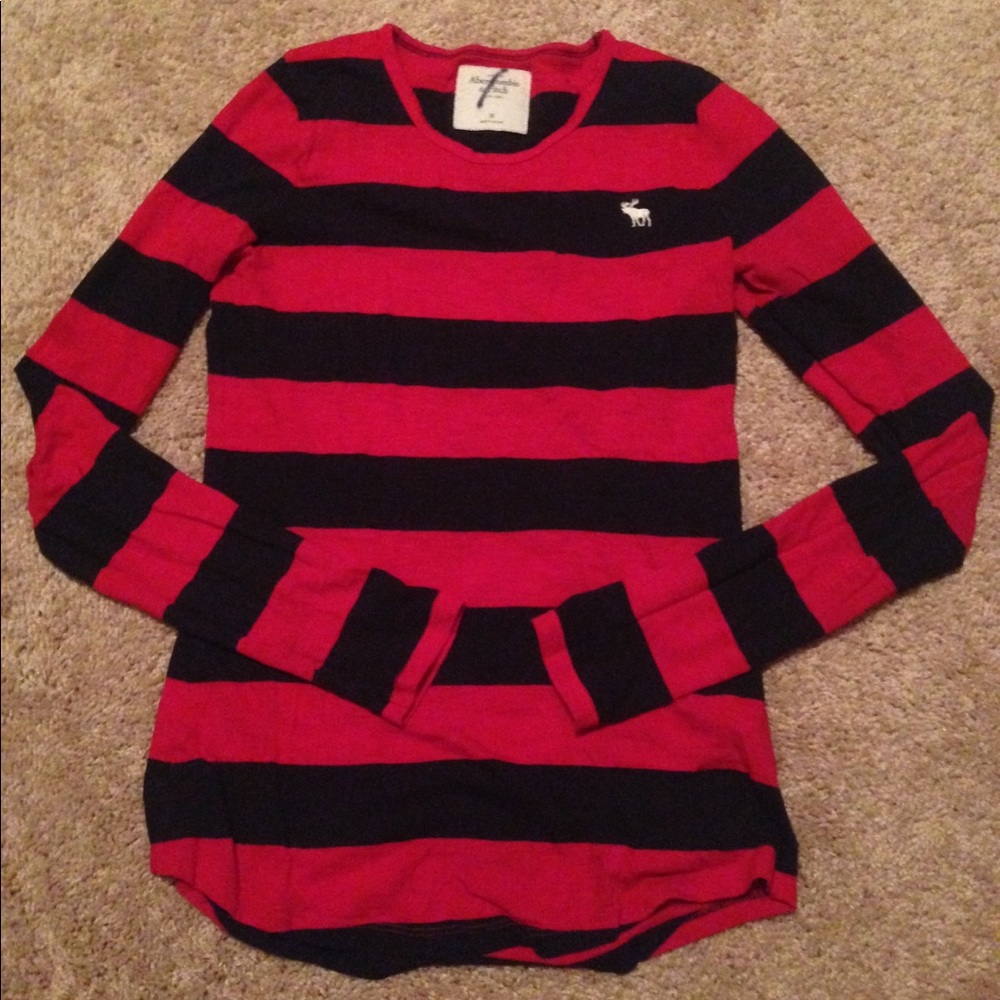 Red and Navy Striped Long Sleeve Crew Neck